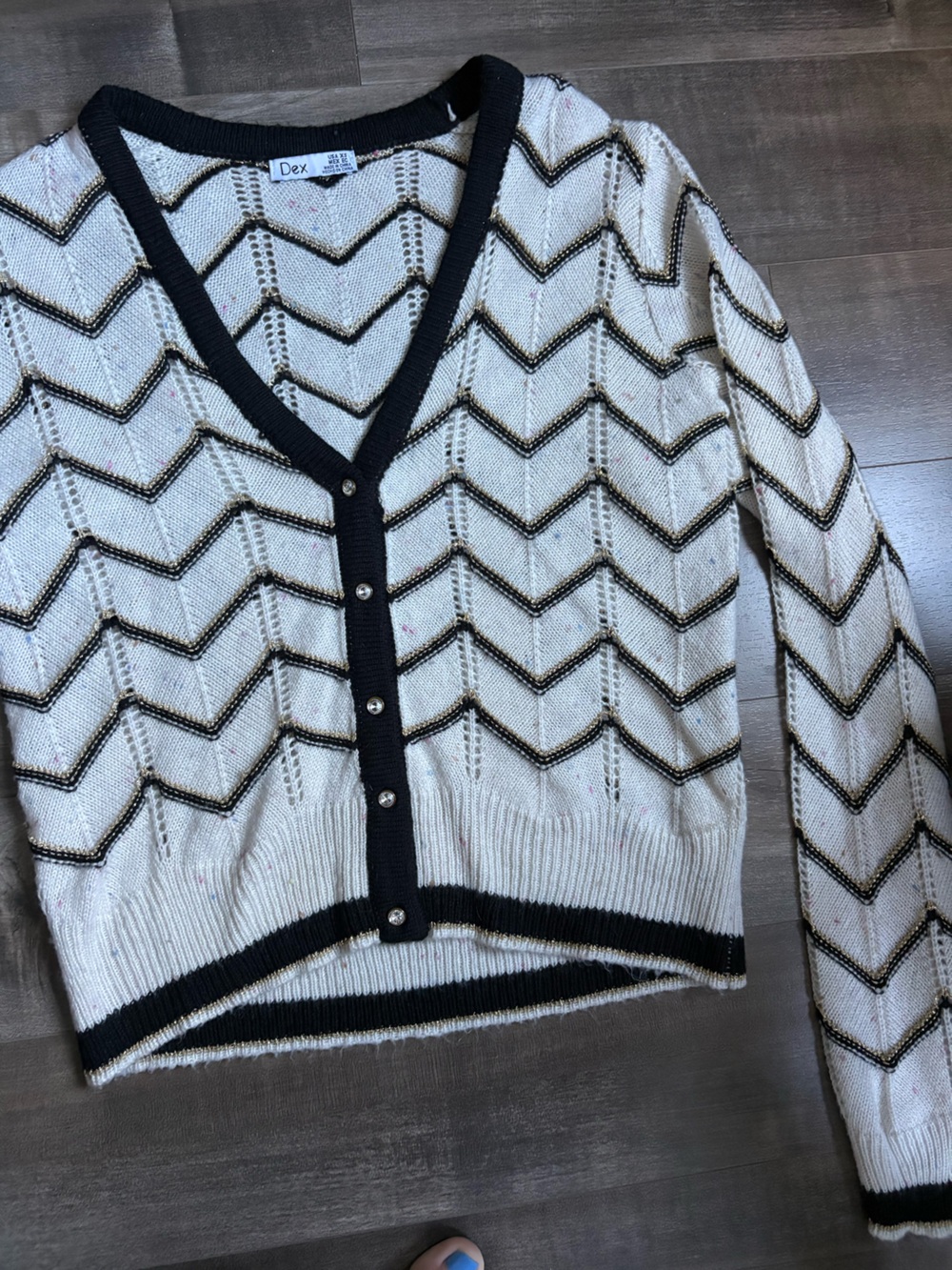Dex Cream Chevron Knit Cardigan with Black Trim